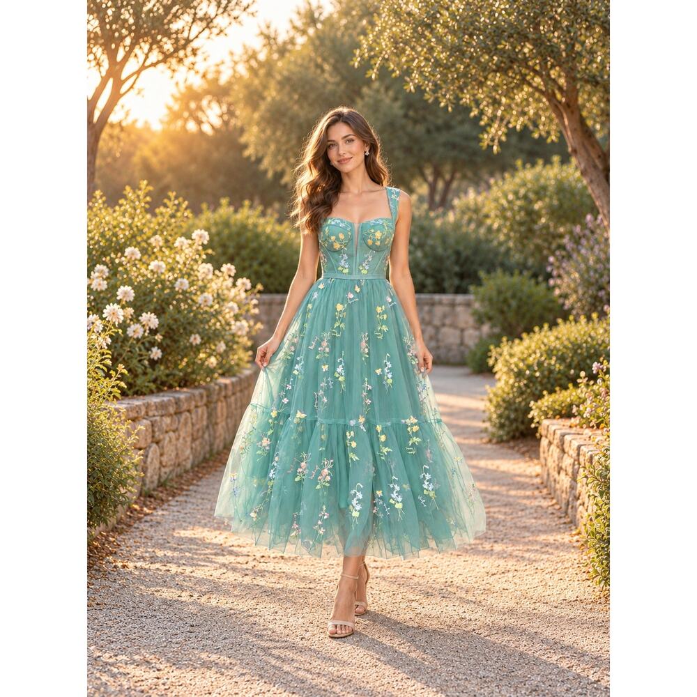 Teal Green Embroidered Floral Tulle Corset Midi Dress 10 Fairycore Formal - Picture 13 of 13